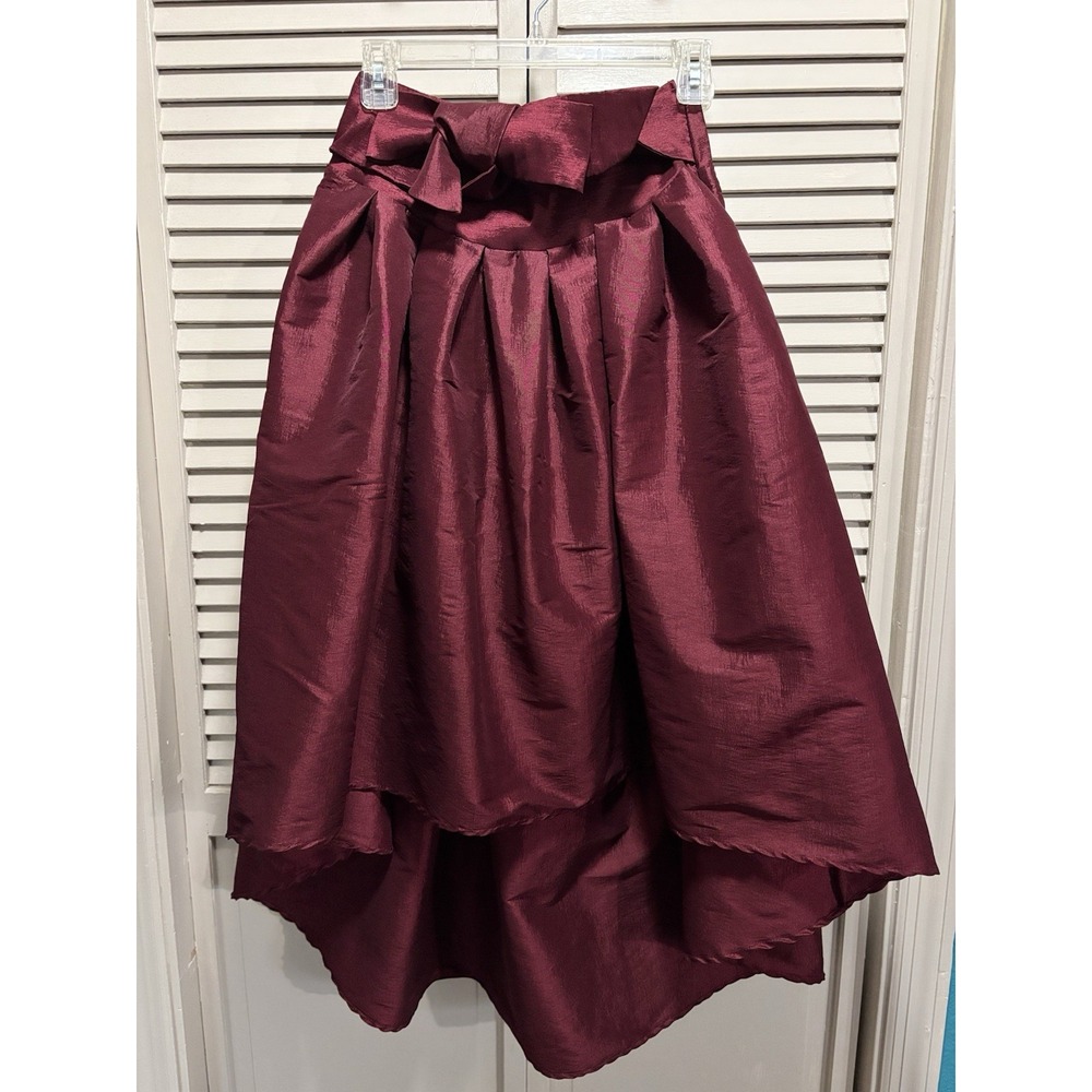 Haute Monde Satin Burgundy Skirt Ruffle Size L High/Low Pleated Side Zip Party